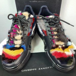 NEW~$985~GIUSEPPE ZANOTTI~38/8~GENUINE BLACK LEATHER SNEAKERS REAL RABBIT FUR